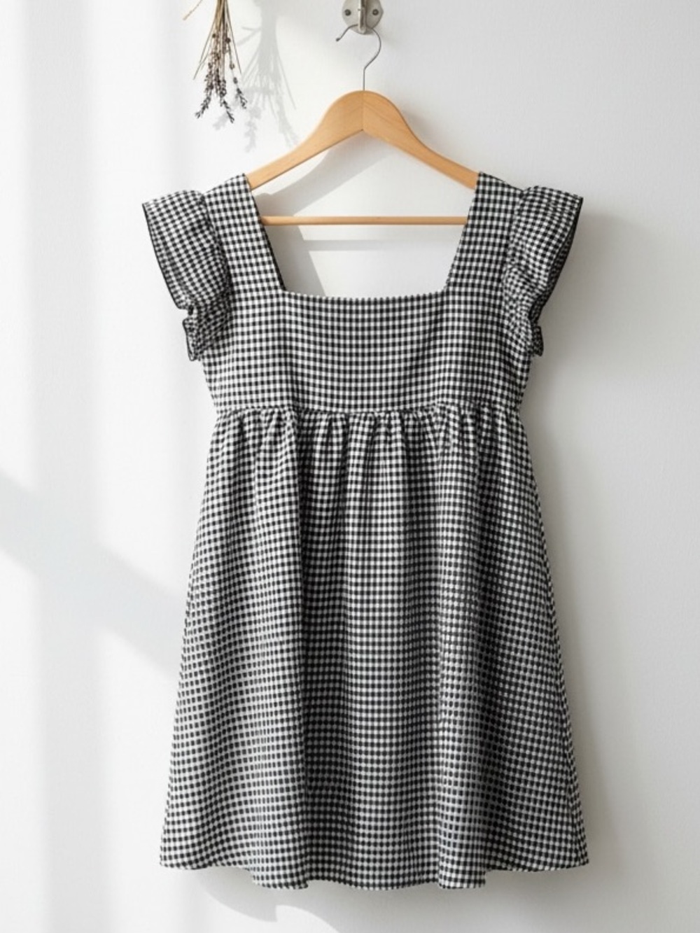 Shein Black White Gingham Ruffle Flutter Sleeve Mini Dress Size M